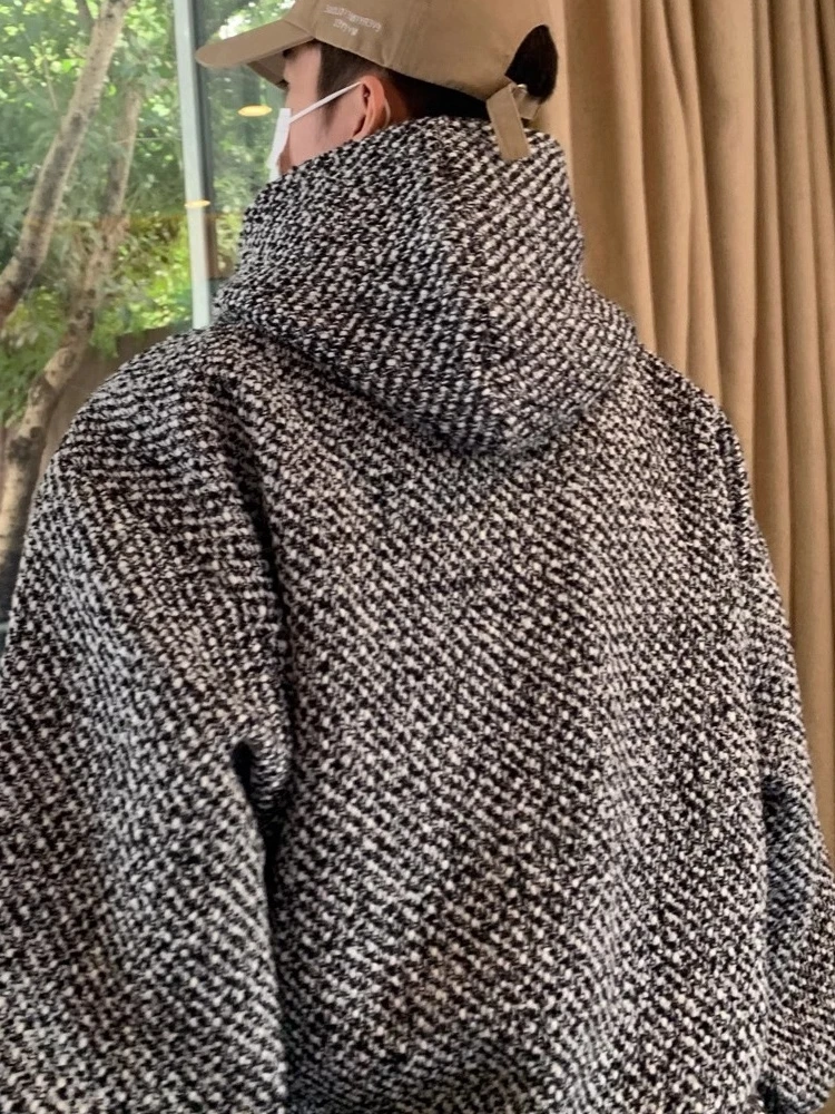 سترة رجالية فاخرة بغطاء للرأس لفصلي الخريف والشتاء، جاكيت سميك عصري من التويد، فضفاض بأكمام طويلة، ملابس كاجوال للشباب