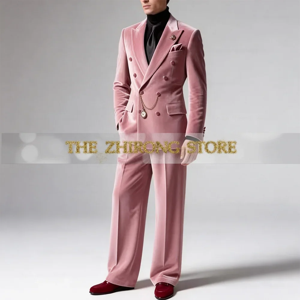 

Elegant Pink Velvet Men's Suit Double Breasted Peaked Lapel 2pcs Jacket Pants Luxury Set for Wedding Prom After-party Customized