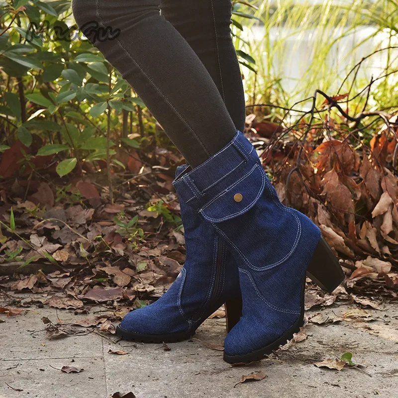 Women\'s Denim Mid-Calf Boots Pocket Decor Chunky Block Heel Ankle Boots Retro Western Style Casual Fashion Botas Mujer Size35-43