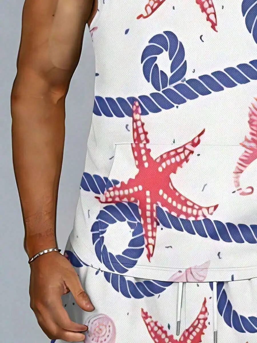 

Mens Hooded Vest And Shorts Set With Starfish Seahorse Print Pocket Drawstring Breathable Quick Dry Loose Fit