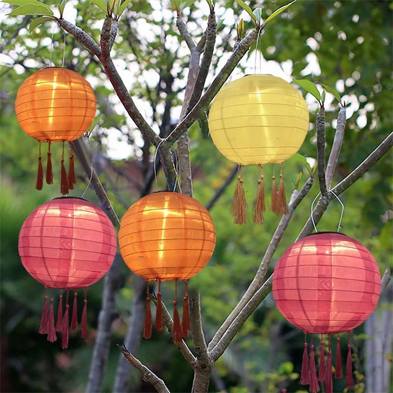 12 Inch Waterproof Solar Chinese Lantern Cloth Hanging Lamp Outdoor Festival Wedding Birthday Party Garden Hanging Lamp Decor