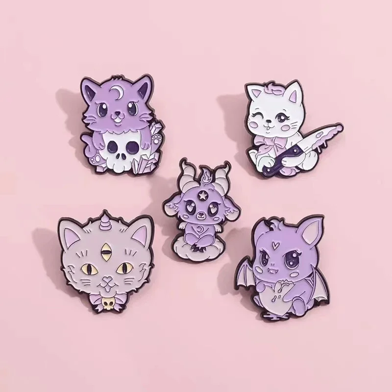 Cute magical animal enamel pin Purple bat cat goat style brooch Bag hat lapel decorative badge Halloween gift. Jewelry wholesale