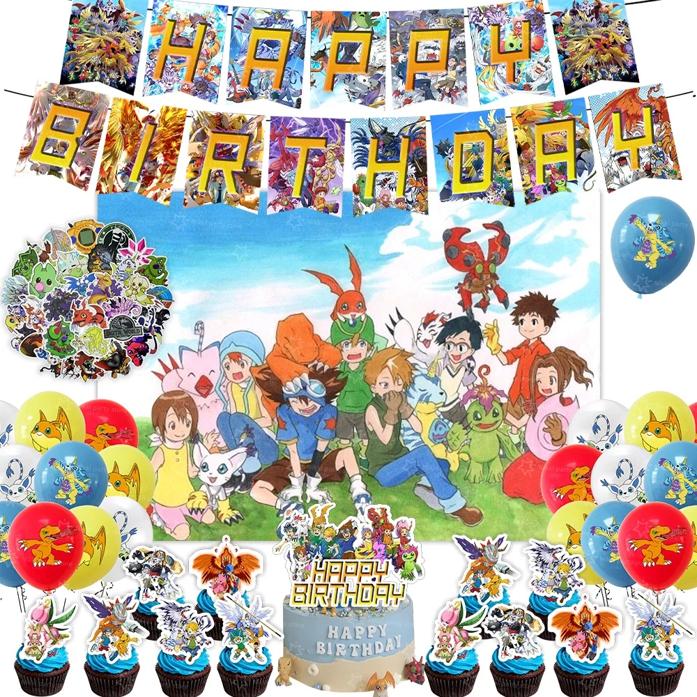 Digimon Birthday Decoration Cartoon Pet Party Favors Balloons Backdrop Banner Cake Decoration Baby Shower Supplies Gifts Toys