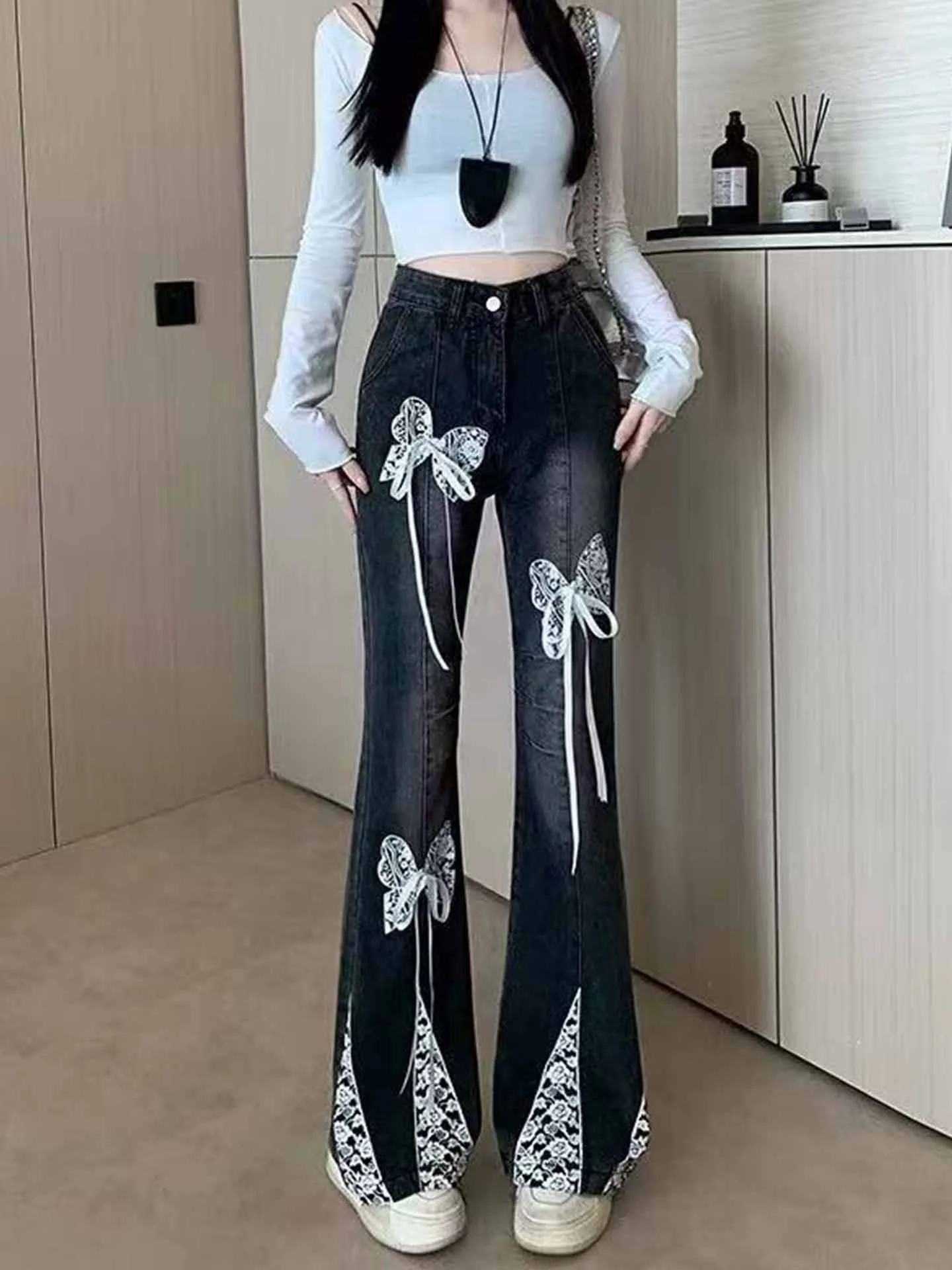 

Retro American Lace Knot Bell Bottom Jeans Women's Summer New Slimming Long Pants High Waist Denim Skinnies
