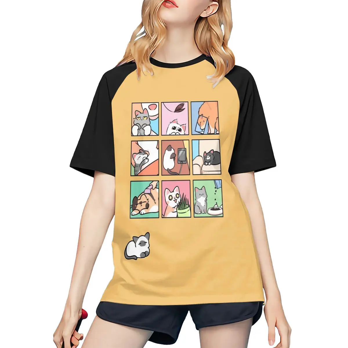 

Little Funny Cat Color blocking splicing shoulder insertion heavyweight pure cotton short sleeved T-shirt for women
