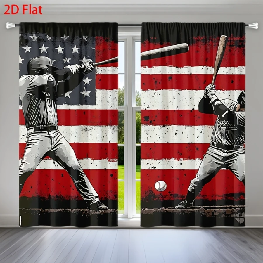 2PCS Digital Printed Curtains, American Baseball Pattern, Athletic Vintage Style for Living Room Bedroom Boys Room Decor