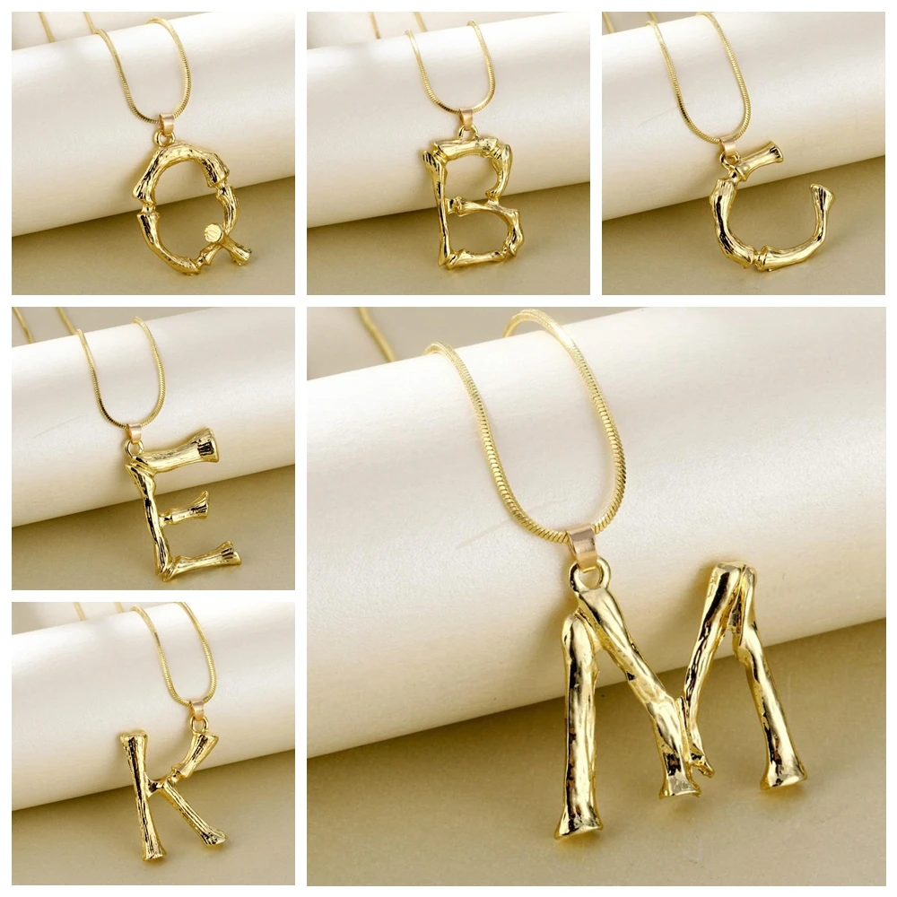 

26 Letters Gold Plated Metal Bamboo Necklaces Women Initial Alphabet Pendant Necklace Creative Fashion Chains Jewelry Gifts