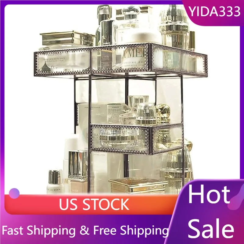 

Вращающийся на 360 градусов Органайзер для макияжа, античная столешница, коробка для хранения косметики, зеркало, стеклянный дисплей для красоты, (латунь)