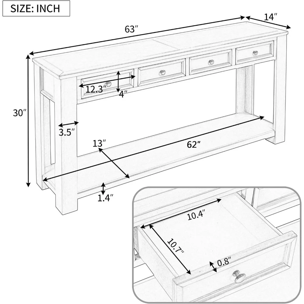 طاولة مدخل المزرعة مع 4 أدراج تخزين، طاولة مدخل طويلة 63 بوصة مع رف مفتوح، طاولة وحدة تحكم أريكة للمعيشة #3