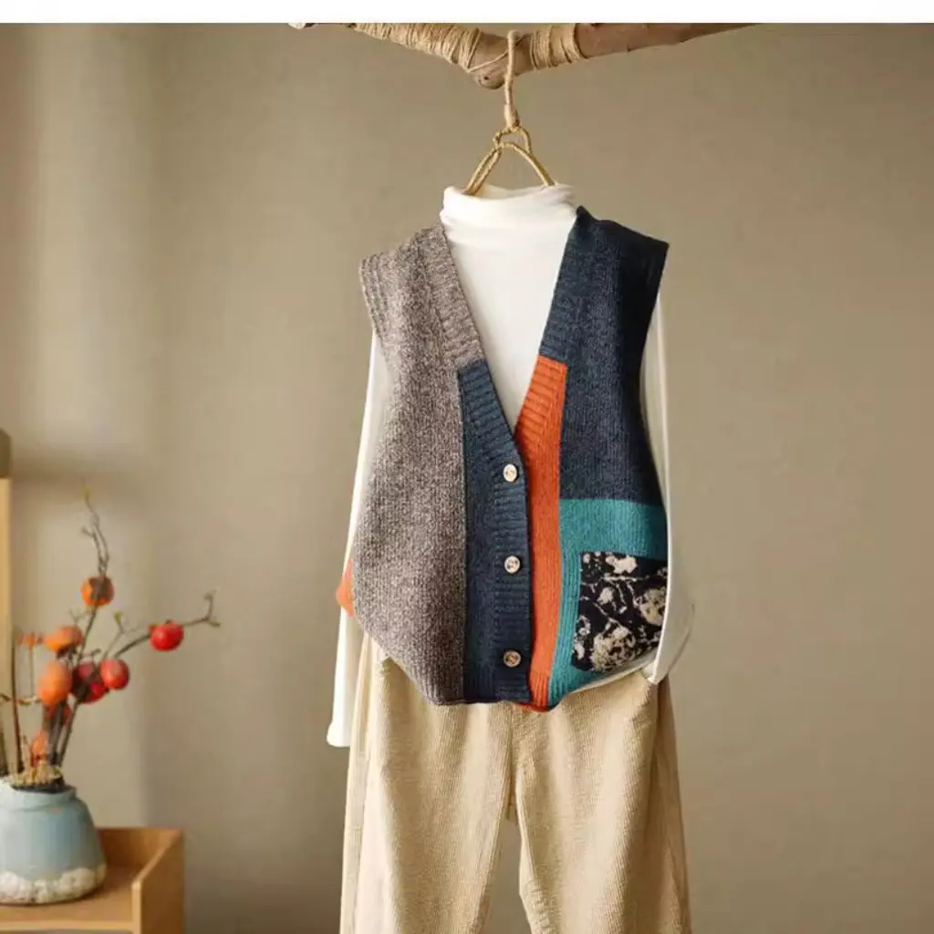 

Women's Vintage Knitted Vest Cardigan Loose Design Spring Autumn New Style Outer Waistcoat Sweater Vest