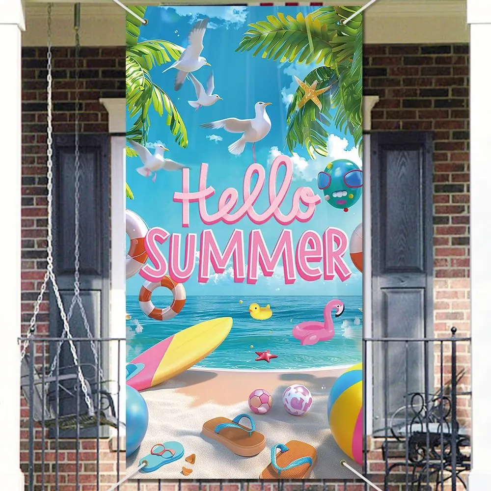 Cartoon Hello Summer Hawaiian Backdrops Beach Style Tropical Design Party Hanging Banner Polyester Photography Backgrounds