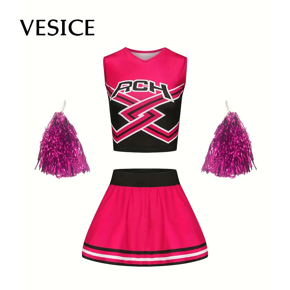 

Girls Kids Cheerleading Sports Skirt Suit Performance Costume Birthday Party Send Pom Poms Cheerleader Short Set Holiday Cute