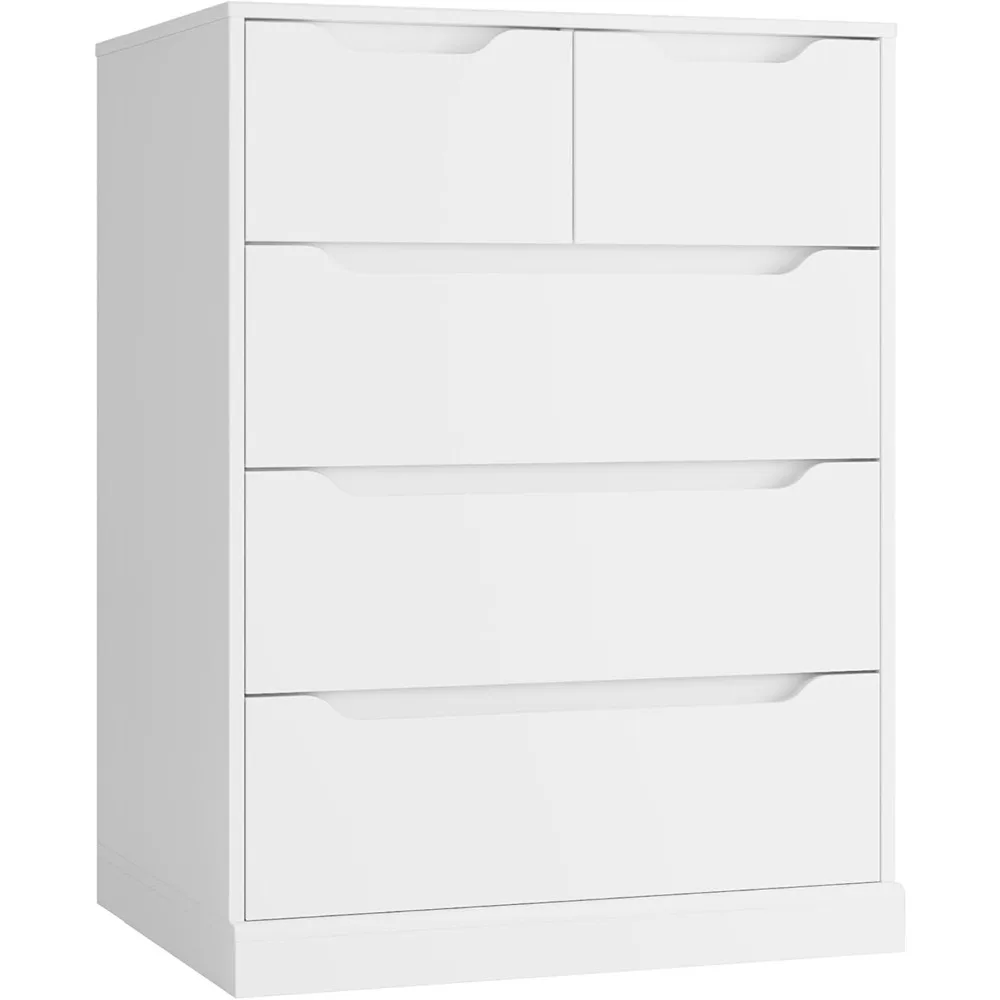 Modern 5-drawer bedroom dresser, chest of drawers with wooden lockers with cutout handles, decorative cabinets