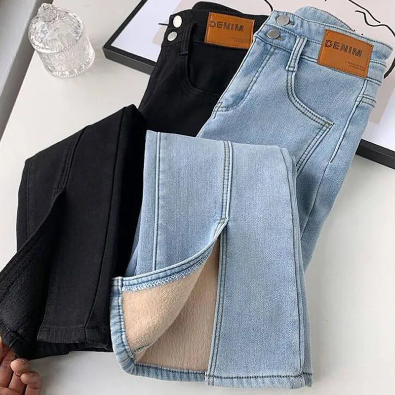 

New Thicke Button Skinny Denim Pants Winter Plus Velvet Lined Split Flare Jeans High Waist Warm Korean Female Casual Long Pants