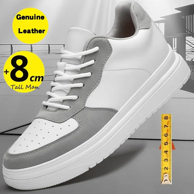 

Genuine Leather Lift Sneakers Man Elevator Shoes Height Increase Insole 8cm White Taller Shoes Men Leisure Breathable Sports