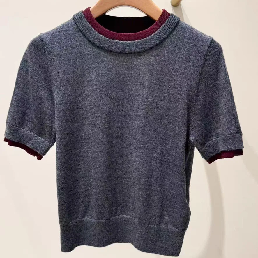 

Fall 2025 Casual Color-Blocking Faux Two-Piece Knit T-Shirt – Stylish Layered Top