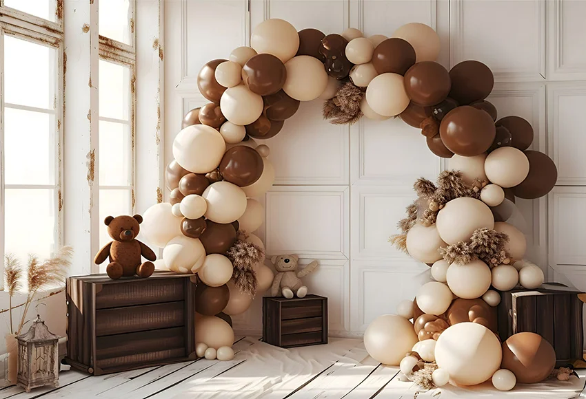 Mehofond Photography Background Boho Brown Bear Arch Balloon Kids Birthday Party Cake Smash Portrait Decor Backdrop Photo Studio