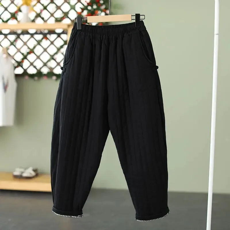 2024 Winter Warm Clip Cotton Thickened Retro Down Cotton Pants for Women's Outwear Elastic Waist Loose Relaxed Pants 6677