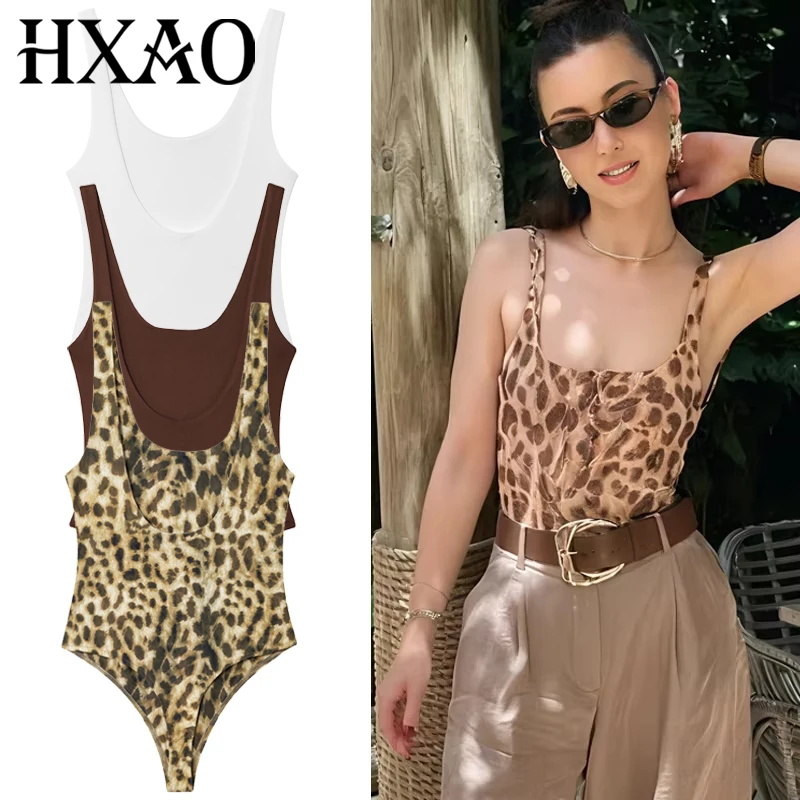 HXAO 2025 Sexy Leopard Slip Bodysuit Women Summer Print Thong Slimming Bodysuit For Women Fashion Backless Sleeveless Bodysuits