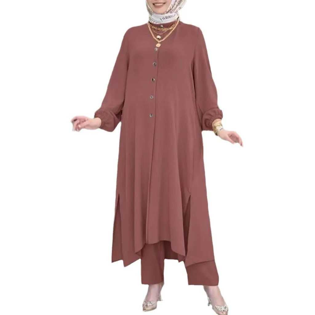 2025 Moslim vrouwen Midden-oosten Nieuwe Ijs Zijde Rimpel Losse Effen Kleur Split Kraag Shirt Temperament Broek Set