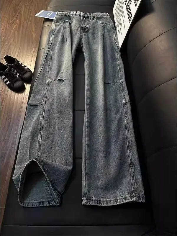 

Мужские джинсы Cleanfit Vintage с рваными элементами, прямые, с заклепками, широкие штанины, американский стиль, зауженный крой, весна