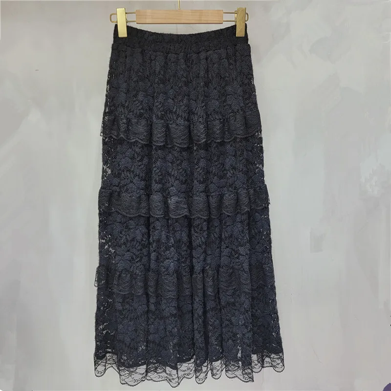 [zoci] Jacquard Lace Patchwork Cake Women Autumn Winter New Style French Niche Elastic Waist A-line Skirt