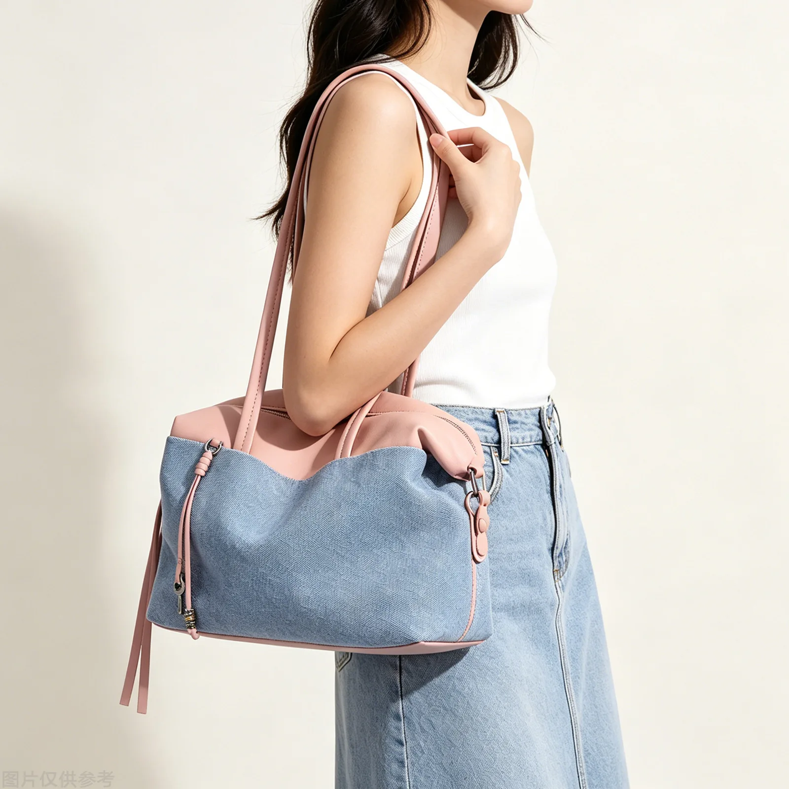 

Summer Large-Capacity Denim Tote Bag Korean Version Commuter Handbag For Women Linen Patchwork Versatile Shoulder Bag