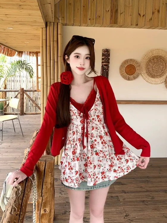 

Женский комплект больших размеров: укороченный топ с цветочным кружевом и кардиган, летний, с защитой от УФ-излучения, тонкий, в корейском стиле, облегающий крой