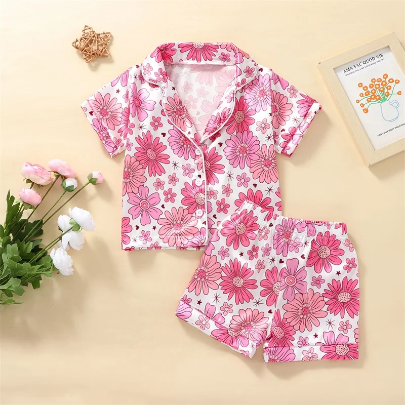 Girls Pajamas Kids Short Sleeve Flower Print Shirt Turn-down Collar Tops Elastic Waist Shorts Summer Outfit Silk Pjs