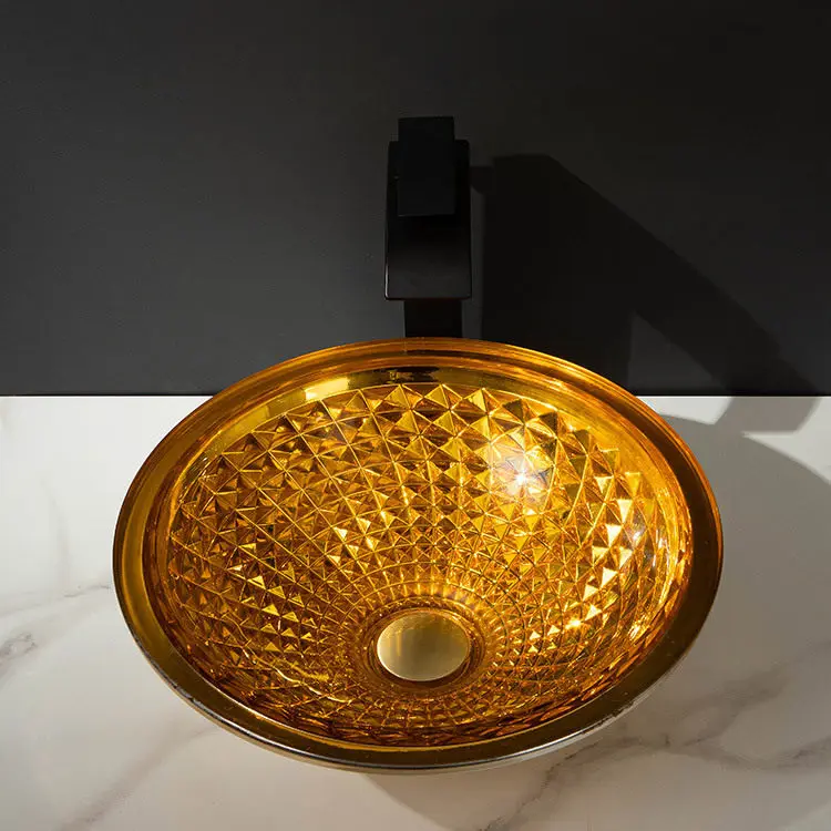 Bathroom electroplated glass art basin hotel bathroom light luxury round table wash basin