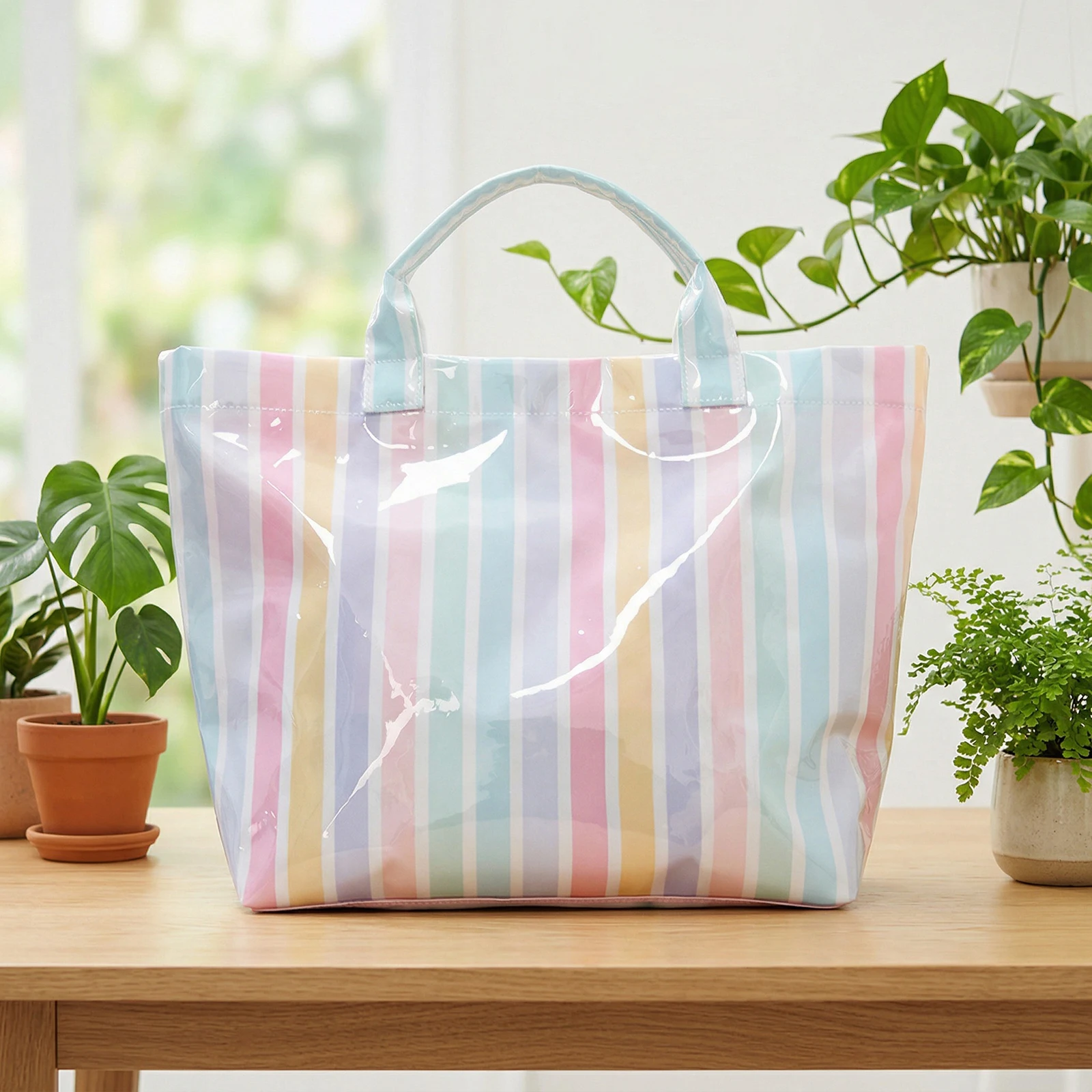 PVC Lightweight Canvas Handbag Large Capacity Portable Travel Shoulder Bag Striped Pattern Tote Pouch Commuting Work Handbags (Colored)