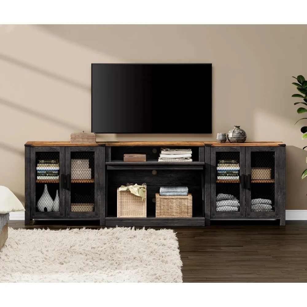 2 in 1 TV Stand Set for 100 Inch TV,Entertainment Center with 4 Mesh Door and Open Storage Shelves, Wood Media TV Console Table