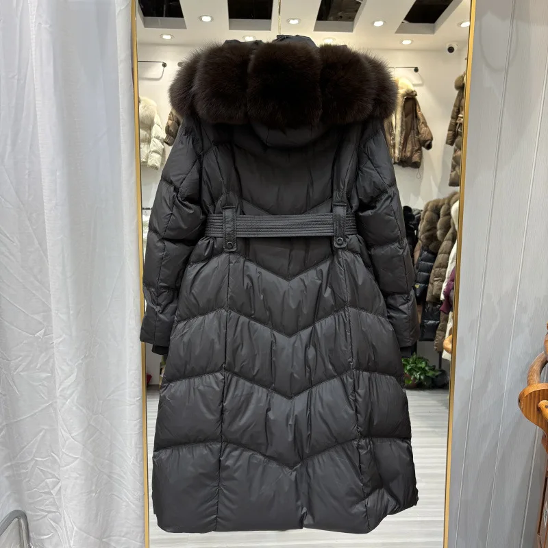 Real Natural Fox Fur Hooded Detachable Collar Belt White Duck Down Coat Winter Down Jacket Women Long Casual Elegant Overwears