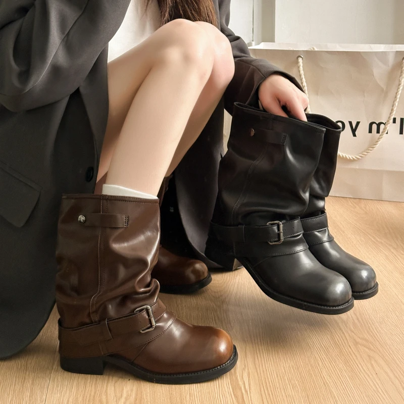 Designer Women's Ankle Boots Mid Heels Leather Winter Shoes 2025 Fashion Trend Gothic Boots New Walking Dress Short Mujer Botas