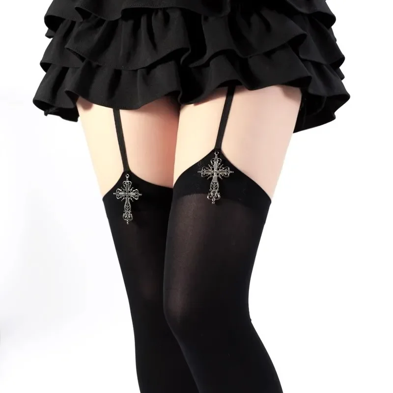 1/2 Paar Gothic Cross Over-the-Knee Oberschenkelhohe Strümpfe mit Strumpfhaltern, sexy, durchsichtiges Nylon für Punk-Cosplay-Club-Rave-Outfits