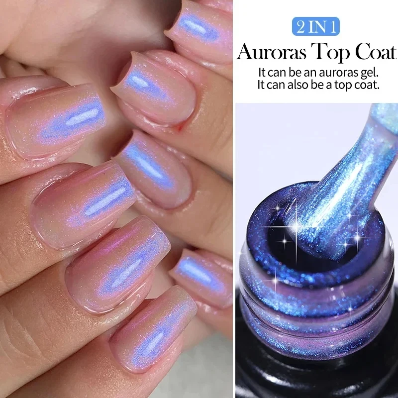 MEET ACROSS 7ml Auroras Glitter Gel Polish Niebieski Fioletowy iskrzący żel Nail Art Semi Permanent UV Gel 2 W 1-funkcji Top Coat