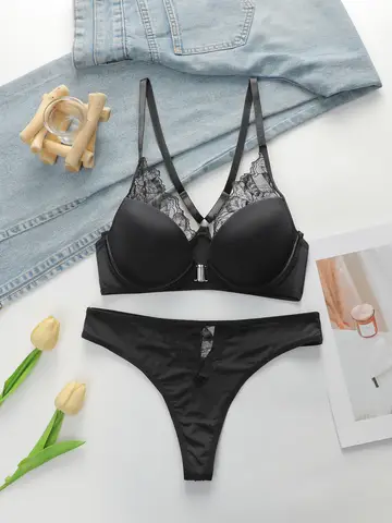 숙녀 '블랙 프론트 Dutton 아름다운 뒤로 스틸 RingLlace 섹시한 브래지어 속옷 끈 팬티 속옷 세트 J2509