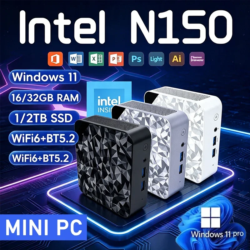 2026 Portable Mini PC Intel N150 Mini PC High‑Performance 32GB RAM 1TB 2TB SSD WIFI6 BT5.2 4K 60Hz HD Gaming Office Study PC
