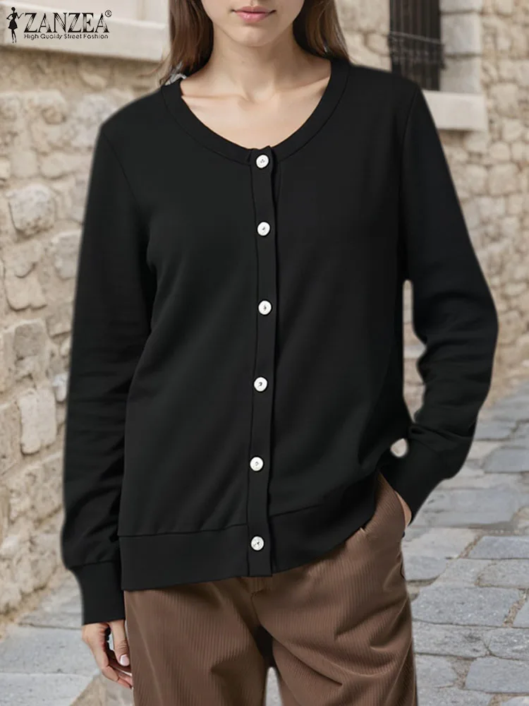 

ZANZEA 2025 осенние женские модные свитера, кардиган, вязаная верхняя одежда, повседневные свободные однотонные элегантные тонкие джемперы с круглым вырезом и длинными рукавами