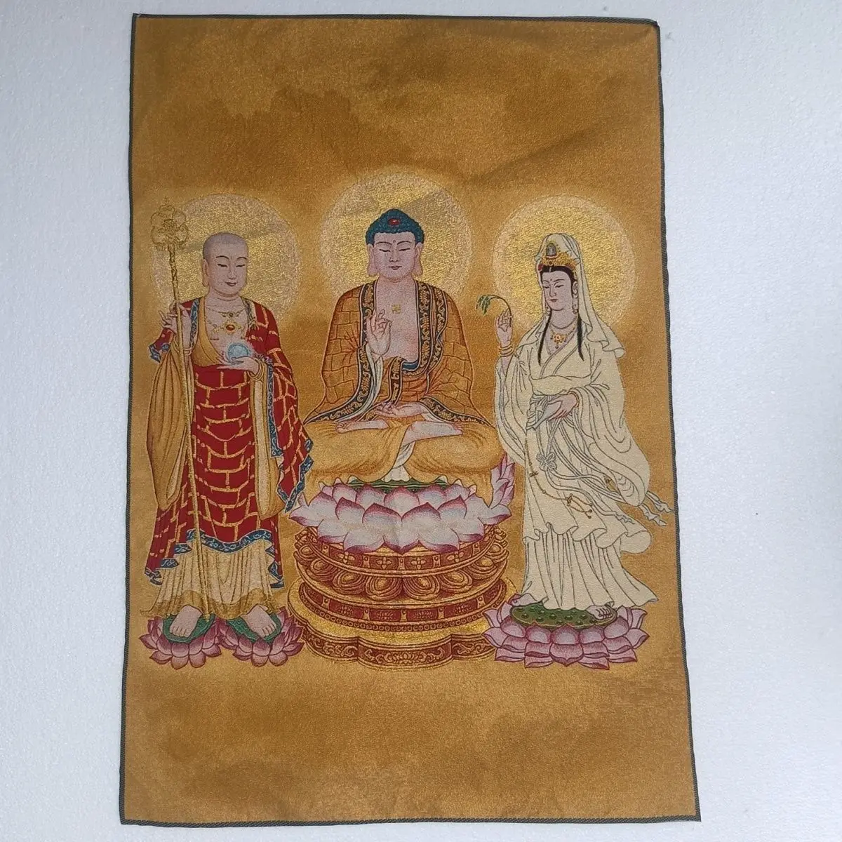 Tibet Tibetan Cloth Silk The three saints of the west buddha guanyin ksitigarbha bodhisattva Thangka Embroidery Painting