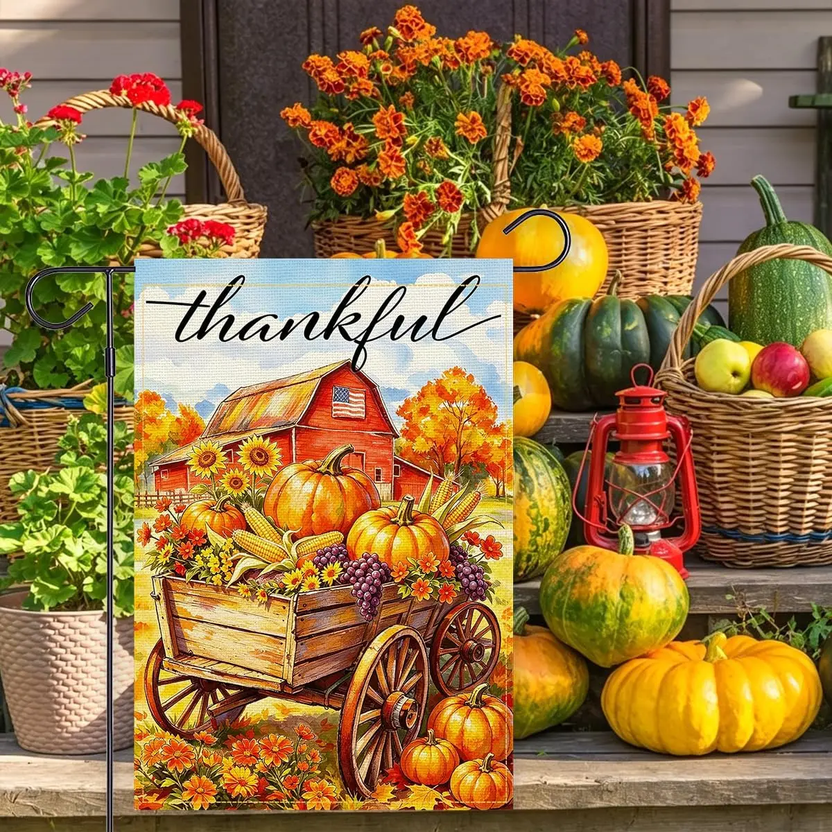 Fall Harvest Garden Flag, Thankful Pumpkin Wagon Design, Double Sided, Fall Thanksgiving Outdoor Yard Decoration (Thankful,  uui