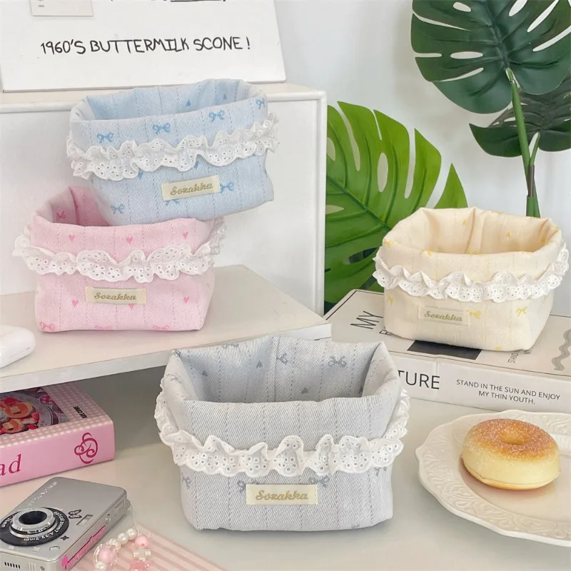 2027 Small Sundries Storage Basket Cute Foldable Cowboy Fabric Desktop Storage Box for Makeup Scrunchie Lace Bow Sorting Basket