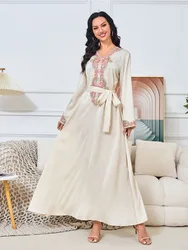 Eid Embroidery Beading Party Dress for Women Muslim Jalabiya Ramadan Long Dresses Abayas Woman Kimono Robe Caftan Vestidos 2024