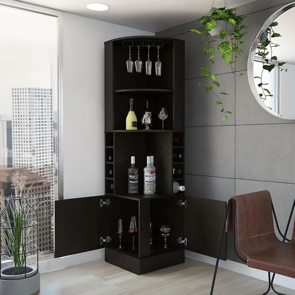 Kabinet Bar sudut 71 ", Kabinet Bar anggur rumah pertanian tinggi dengan rak anggur & kubus untuk botol, Bar kabinet minuman keras untuk rumah, HITAM