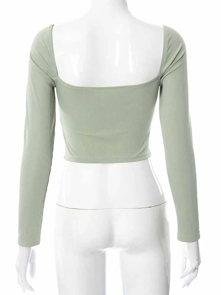 Hollow-Out V-Neck Crop Tops for Women, Long Sleeve, Slim Ribbed T-Shirts, Backless Tee, Casual Fashion, Spring and Fall