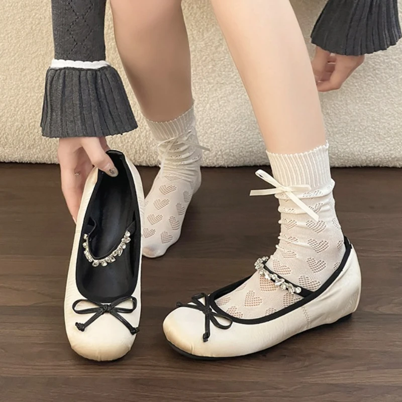 New Spring Internal Elevation Women Mary Jane Shoes Fashion Crystal Shoes Ladies Elegant Butterfly-knot Dress Ballet Shoes