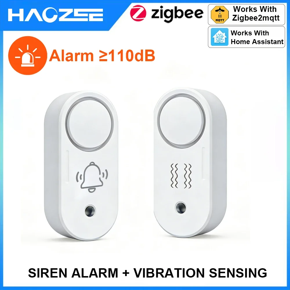 

Беспроводная система безопасности Haozee Zigbee с сиреной 110 дБ, датчиком вибрации, питанием от батареи, поддержкой Home Assistant и Zigbee2mqtt
