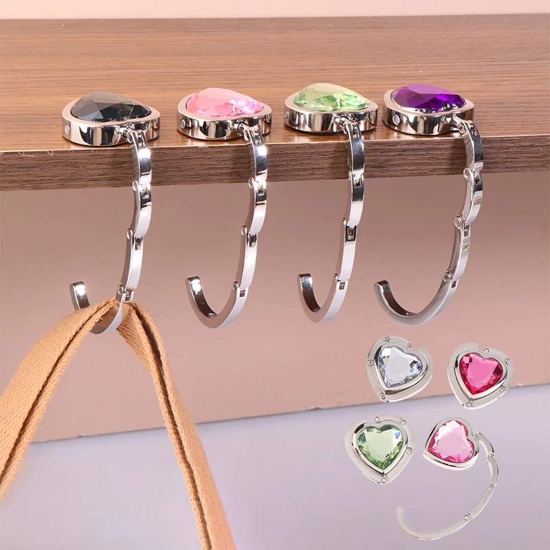 Heart Shaped Folding Crystal Handbag Hook Bag Hanger Portable Foldable Table Hook Organizer Table Side Hooks Bag Accessories