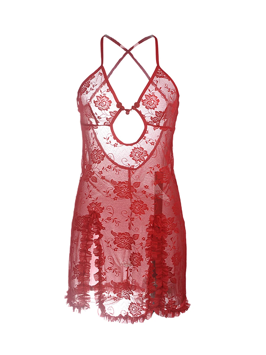 فستان لانجري نسائي في عيد الحب ، بدون أكمام ، بدون ظهر ، دانتيل شفاف ، فستان نوم زهري