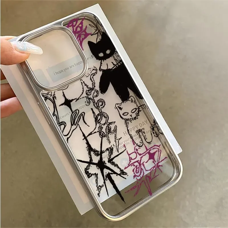Ins Cool Abstract Cat Phone Case For iPhone 16 Pro Max 15 14 13 12 11 Xr Xs Max 7 8 Plus Cartoon Niche Culture Y2K Phone Cases